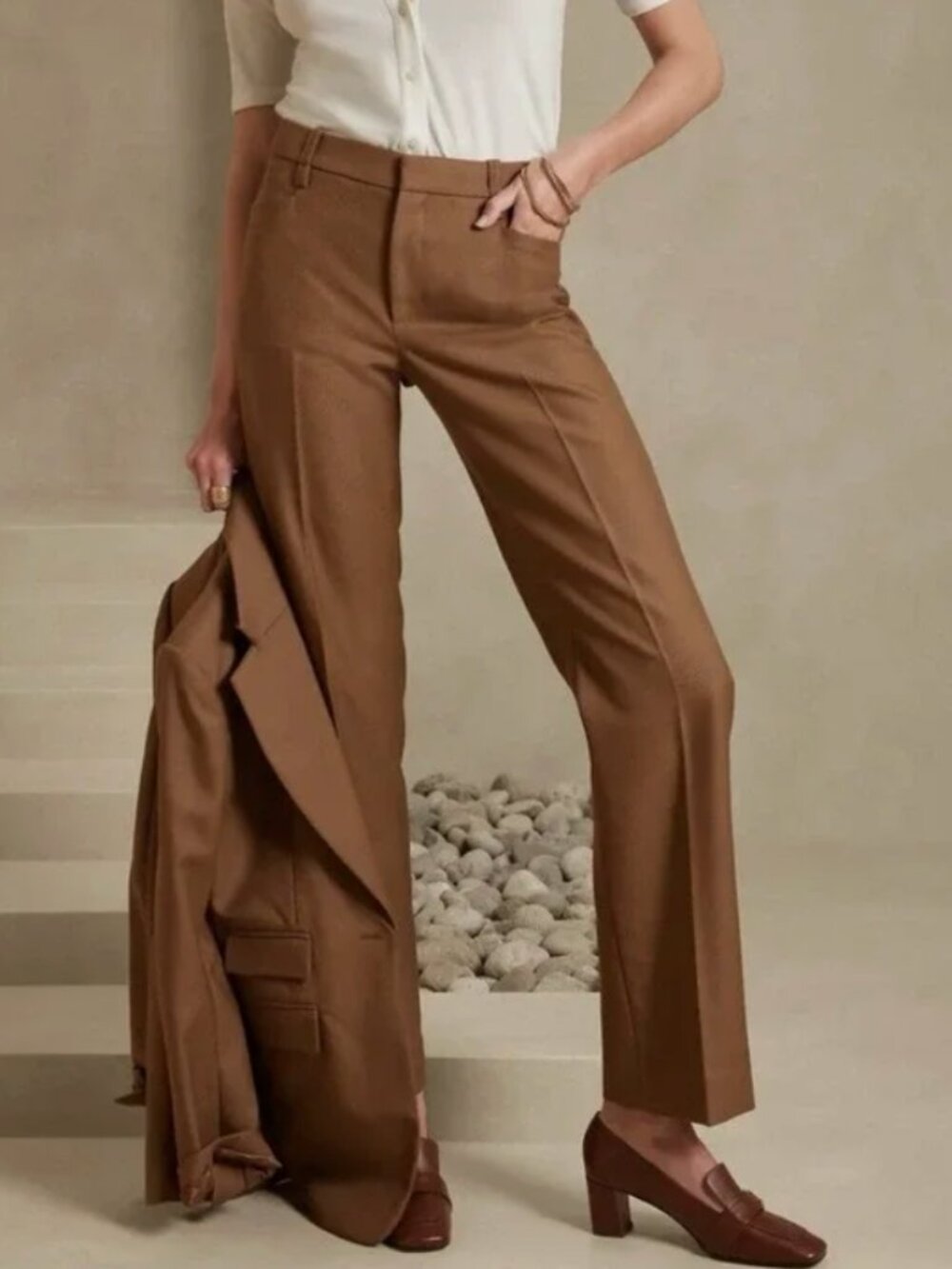 Banana Republic Lido Straight Leg High-Rise Wool Trouser Pants Brown Pockets, 4